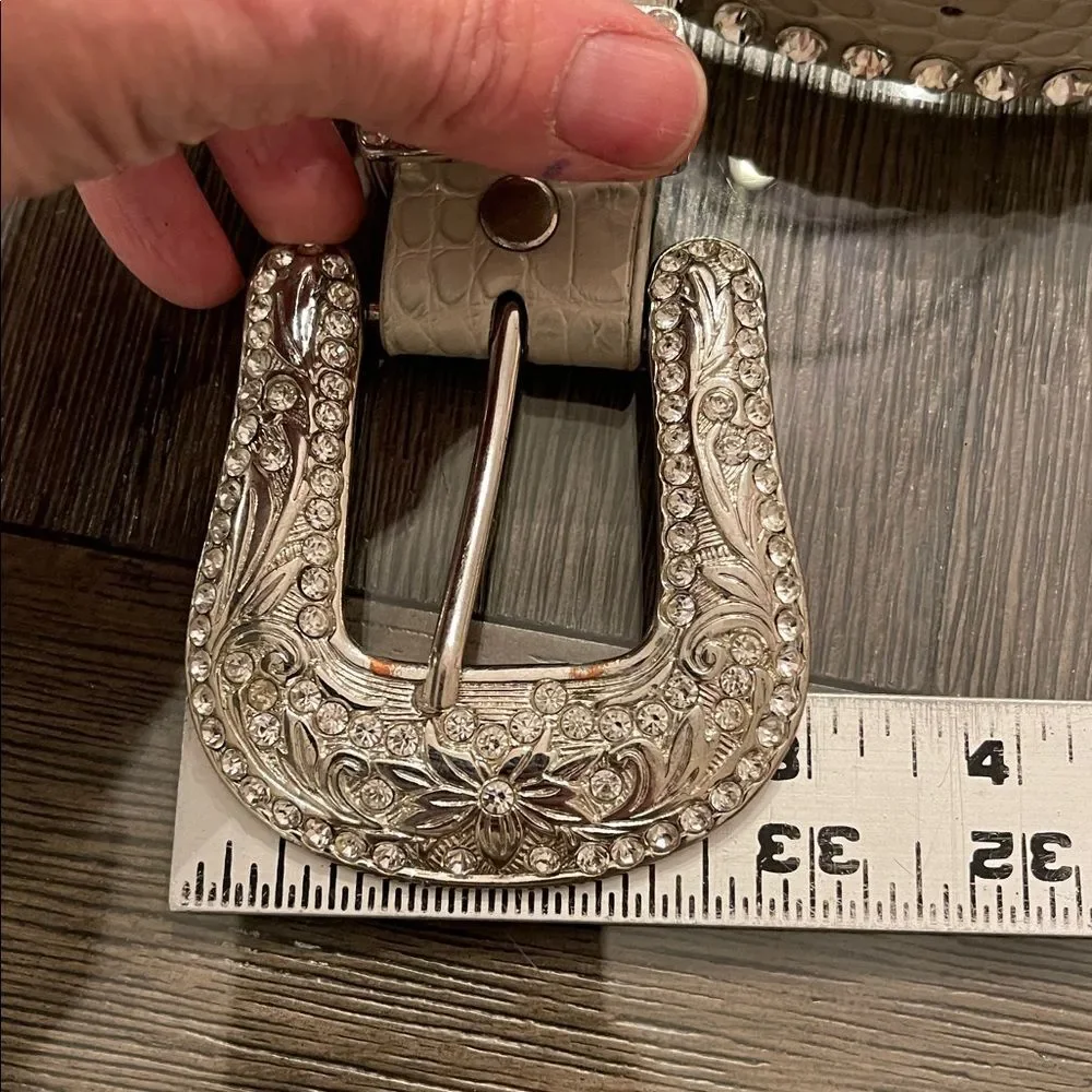 Reptile Embossed Leather Rhinestone Western Belt White Light Grey - SM